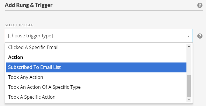 Edit a rung & trigger dialog with "Subscribed to Email List" highlighted