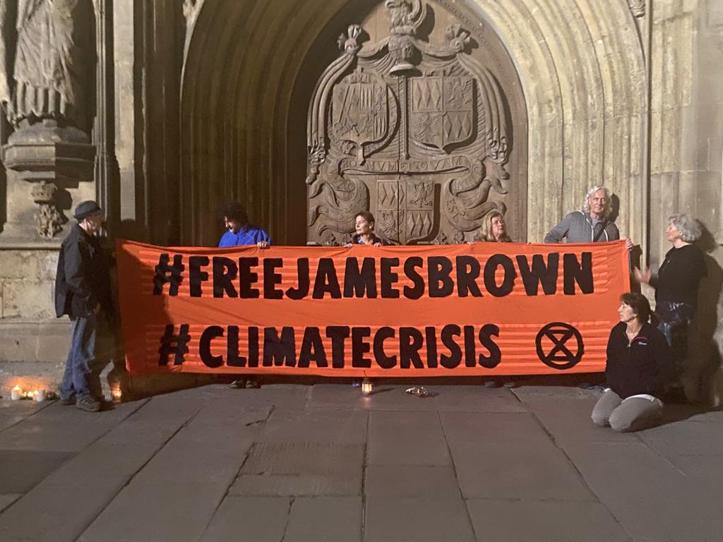 Free James Brown banner outside Bath Abbey