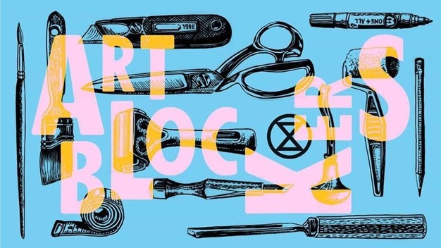 Art Blockers header- blue background with black line drawings of materials used, with 'Art Blockers' in transparent yellow over the top