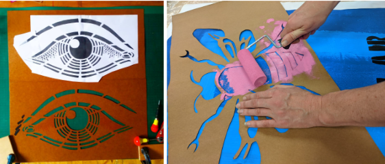 Left image- a stencil of an eye with the resulting image above. Right image- someone holds a stencil of a bee as they paint it pink with a roller