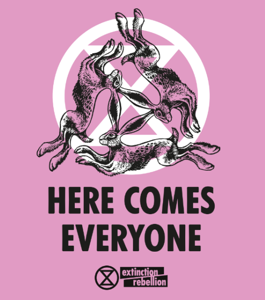 Pink flyer with white XR symbol and 3 black rabbits. Text reads 'Here comes everyone'. Extinction Rebellion logo at the bottom.