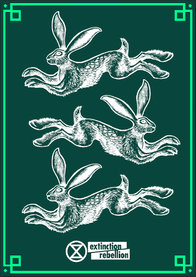 3 white hares on a dark green background. Extinction Rebellion logo at the bottom