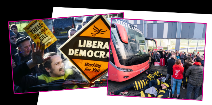 Two images of actions staged at battle buses during the 2019 election. In the image on the left a man has glued his hand to the windscreen of the Lib Dem bus with a flyer stating 'We Demand Three Demands Bill'. On the right 6 people dressed as bees are lying in the road in front of the Labour bus.