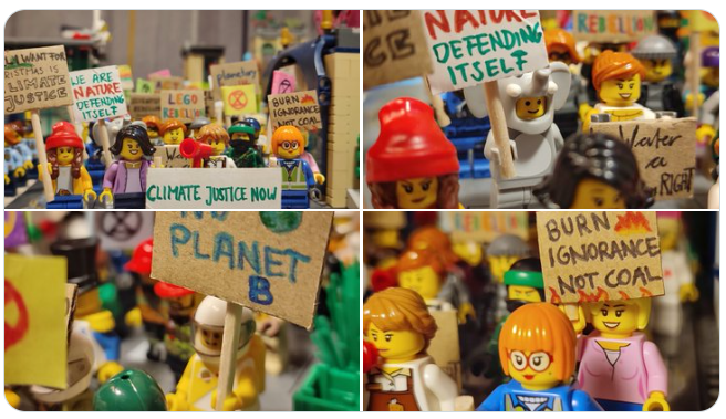 Four images of lego people on a march, holding signs such as 'Climate Justice Now' and 'Burn Ognorance not Coal'