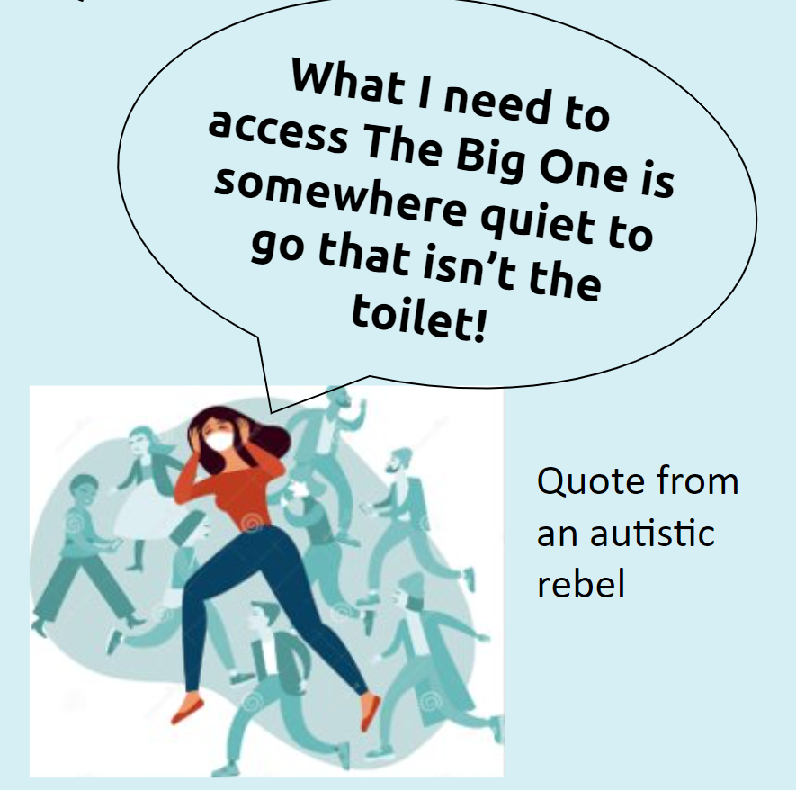 cartoon of woman with mask and hands over ears. Speech bubble with words, What I need to access The Big One is somewhere quiet to go that isn't the toilet! Further text, Quote from an autistic rebel.