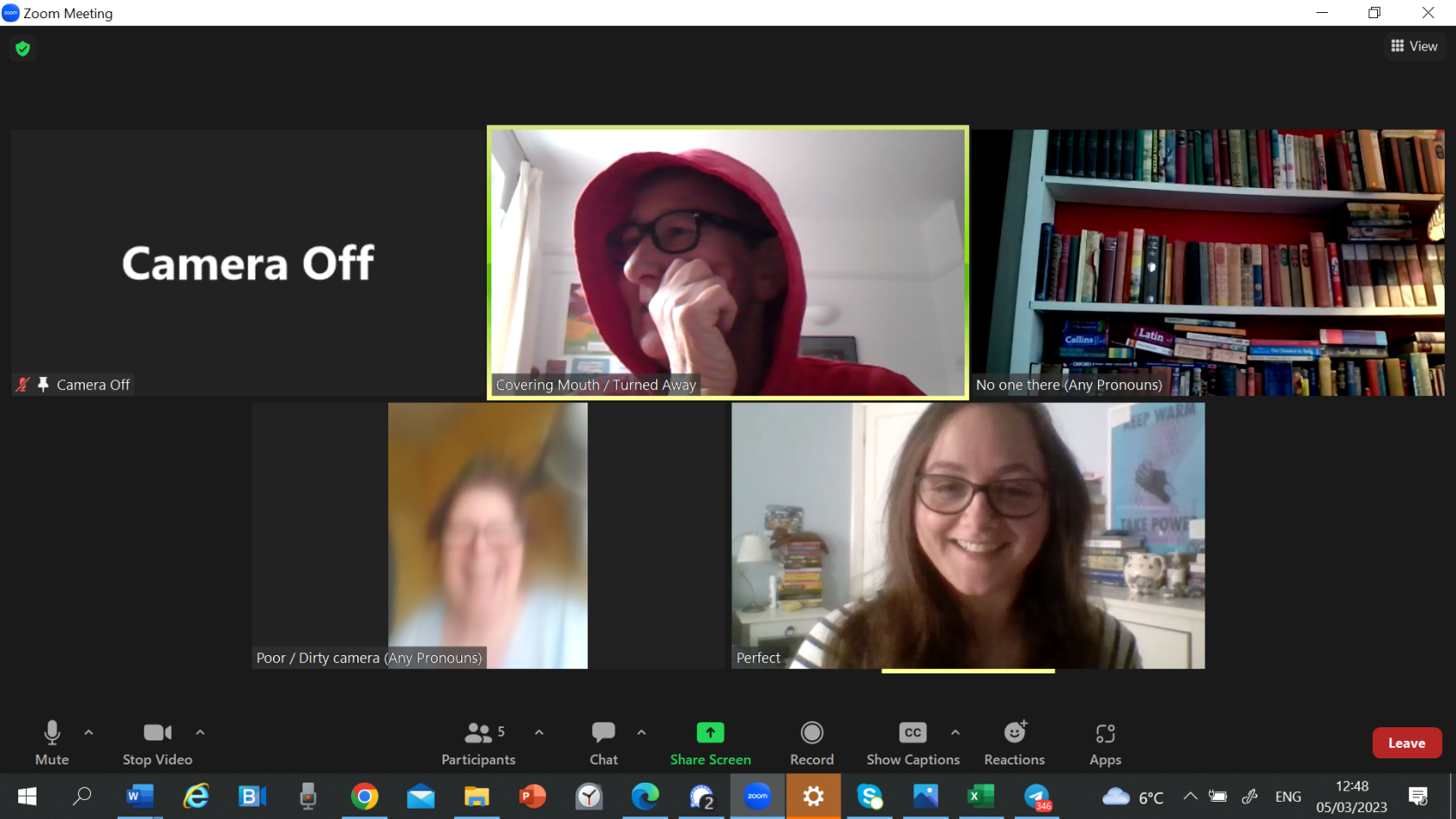 screen shot of people on Zoom. One with camera off, one covering their mouth and turning away from the camera, one with a blurry screen, one with an empty screen and one facing the camera with face and mouth clearly showing.