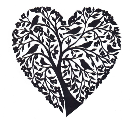 Illustration: heart-shaped tree with birds silhouette