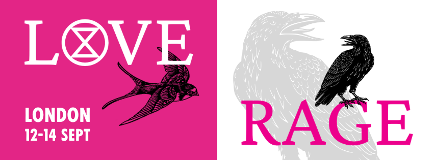 Pink and white graphic with bird woodblock designs and words Love and Rage, London 12-14 September